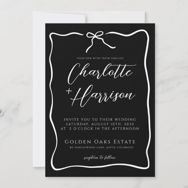 Whimsical Script Border Ribbon Black Wedding Invitation (Front)