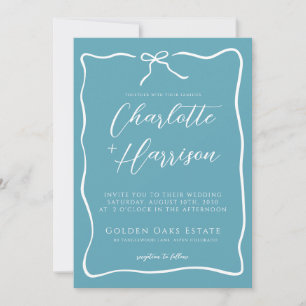Whimsical Script Bow DoodleBlue Ribbon Wedding Invitation