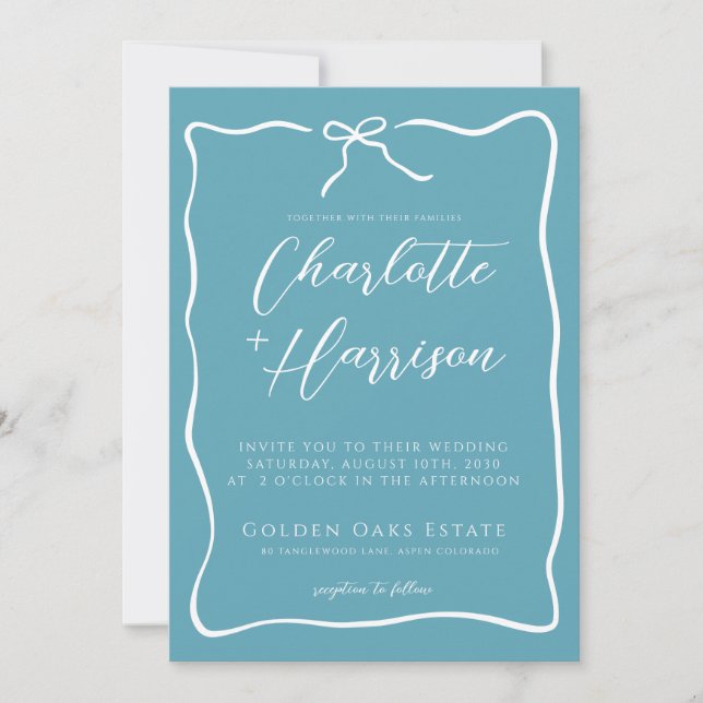 Whimsical Script Bow DoodleBlue Ribbon Wedding Invitation (Front)