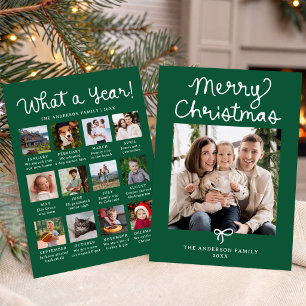 Whimsical Script Bow Green Year in Review Photo Holiday Card
