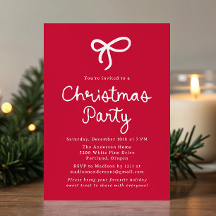 Whimsical Script Bow Red Christmas Party Invitation