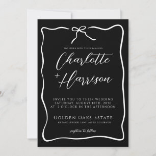 Whimsical Script Bow Ribbon Doodle Black Wedding Invitation