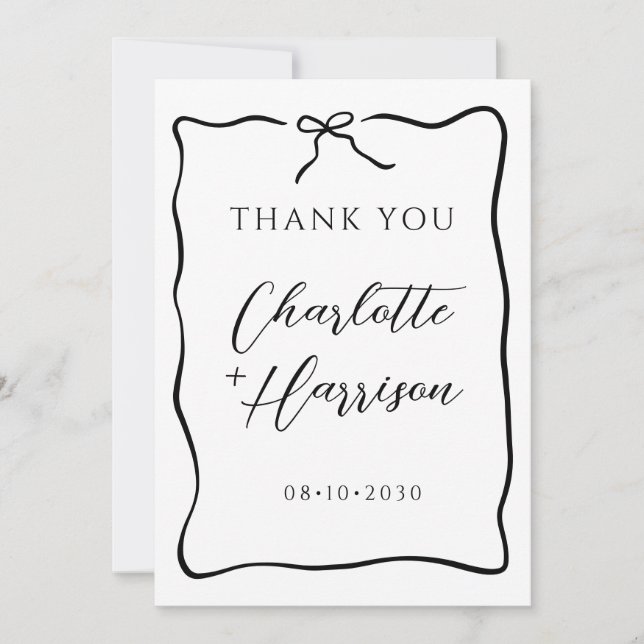 Whimsical Script Bow Ribbon Doodle Wedding Thank You Card (Front)