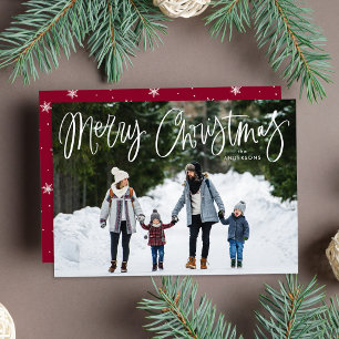 Whimsical Script Burgundy Merry Christmas Photo Holiday Card