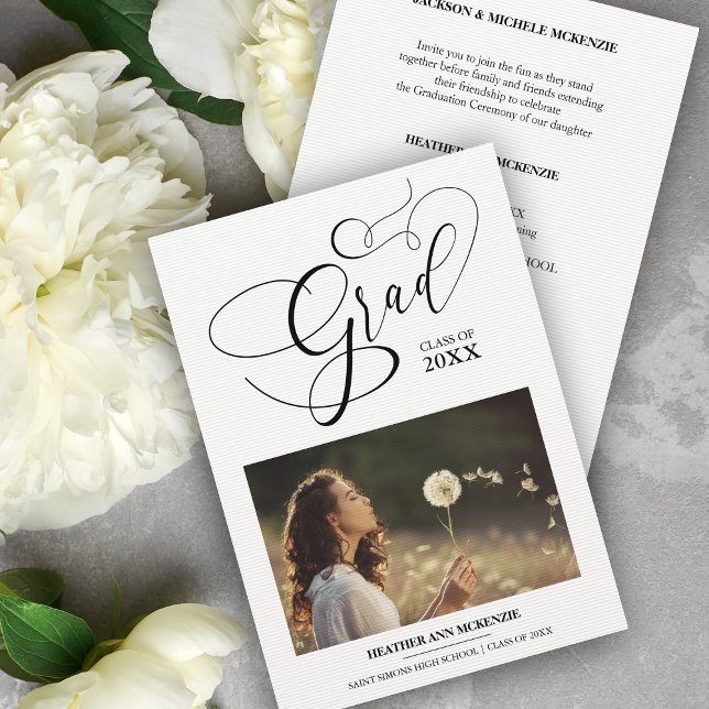 Whimsical Script Chic Black Modern Photo Graduate Invitation (Creator Uploaded)