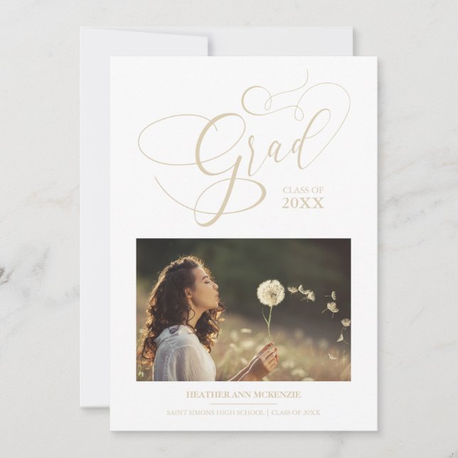 Whimsical Script Chic Gold Modern Photo Graduation Invitation (Front)
