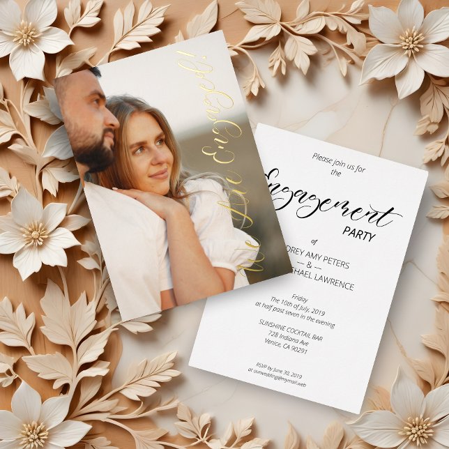 Whimsical Script Custom Photo Couple Engagement (Whimsical Script Custom Photo Couple Engagement Party Metallic Foil Invitations Cards with Envelope.)