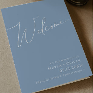 Whimsical Script   Dusty Blue Folded Wedding Program