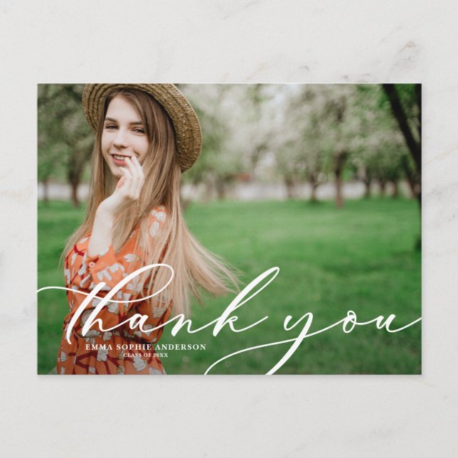 Whimsical Script Graduation Photo Thank You Postcard (Front)
