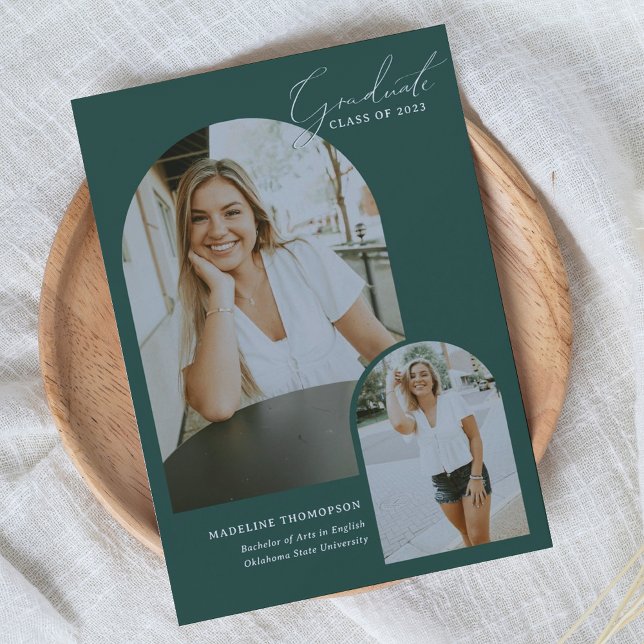 Whimsical Script Green Arch Photo Graduation Announcement (Creator Uploaded)