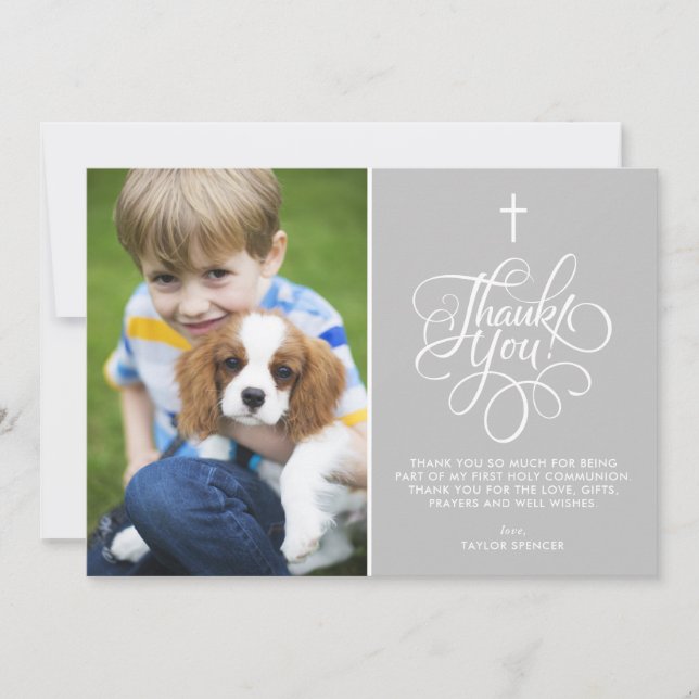 Whimsical Script Grey First Holy Communion Photo Thank You Card (Front)