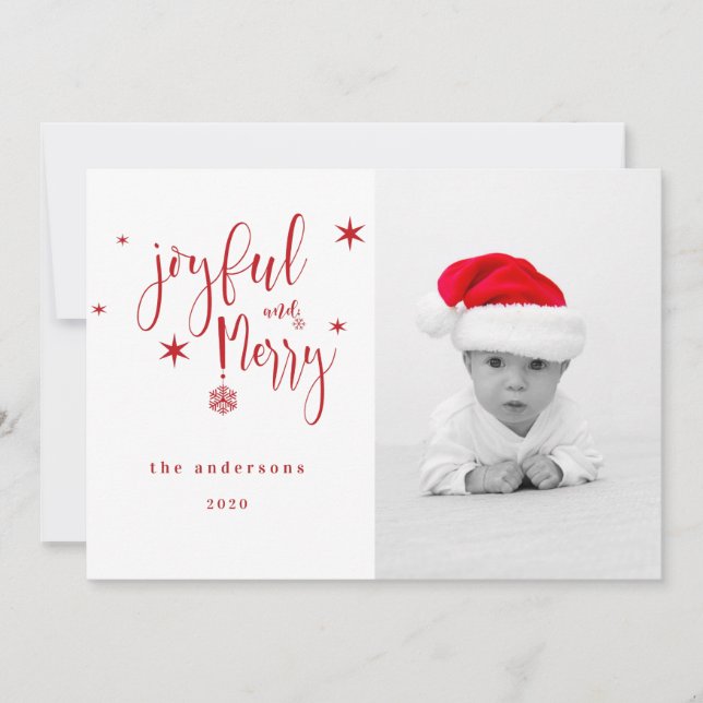 whimsical script joyful and merry christmas photo invitation (Front)