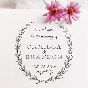 Whimsical Script Laurel Botanical Save The Date Rubber Stamp
