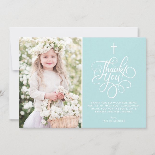Whimsical Script Light Blue First Holy Communion Thank You Card (Front)
