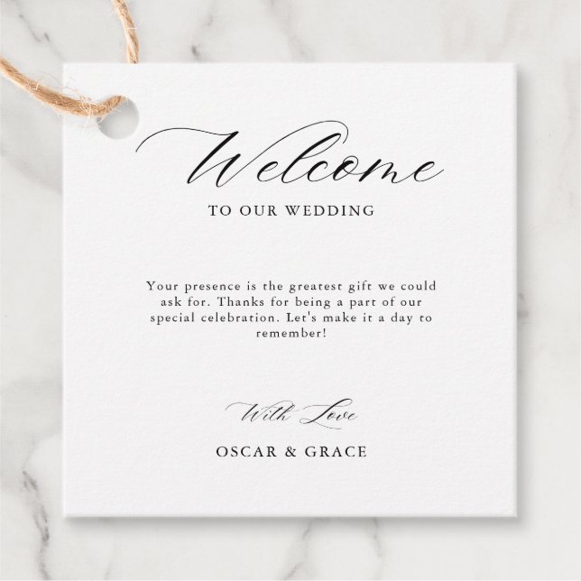 Whimsical Script Minimalist Black Wedding Welcome Favour Tags (Front)