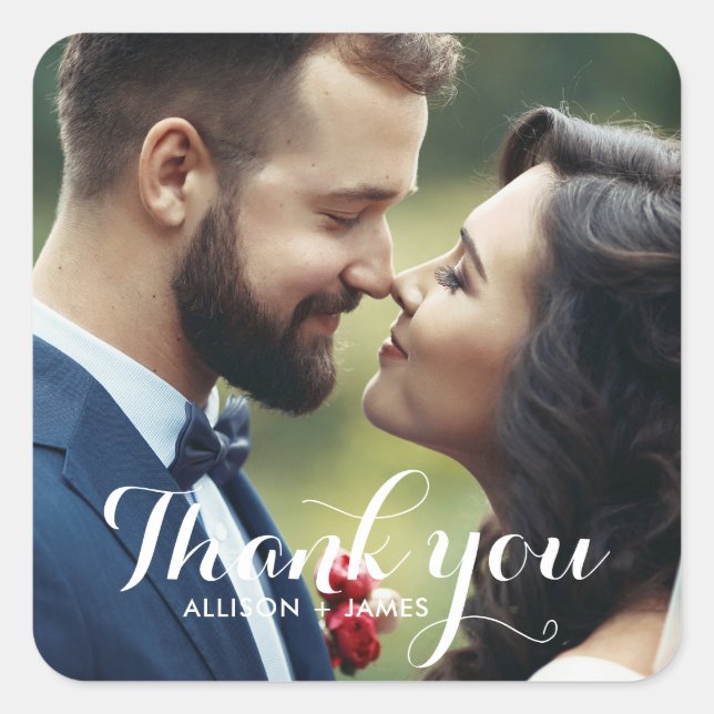 Whimsical Script Modern Wedding Photo Square Sticker (Front)