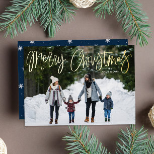 Whimsical Script Navy Merry Christmas Photo Foil Holiday Card