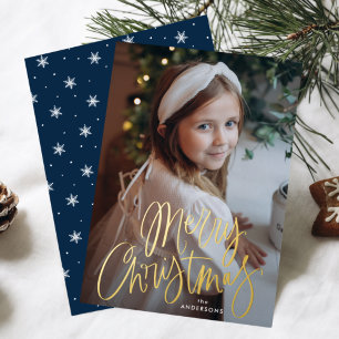 Whimsical Script Navy Merry Christmas Photo Foil Holiday Card