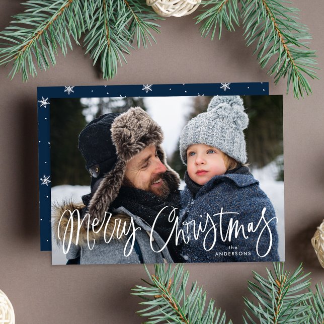 Whimsical Script Navy Merry Christmas Photo Holiday Card (Creator Uploaded)