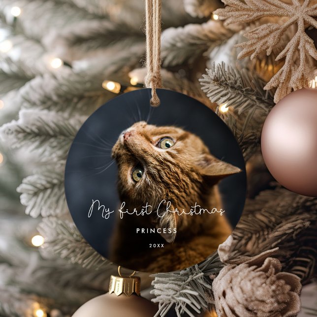Whimsical script Pet First Christmas photo Ceramic Ornament (Creator Uploaded)