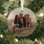Whimsical Script Photo Modern Christmas Glass Ornament<br><div class="desc">Modern Christmas ornament featuring "Merry Christmas" in a whimsical script over your favourite photo.</div>