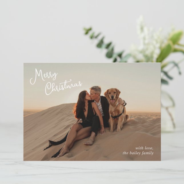 Whimsical Script Photo Modern Christmas Holiday Card (Standing Front)