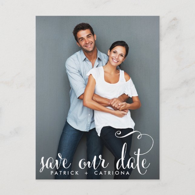 WHIMSICAL SCRIPT PHOTO SAVE OUR DATE POSTCARD (Front)