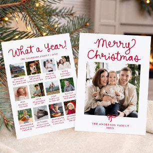 Whimsical Script Red Bow Year in Review Photo Holiday Card