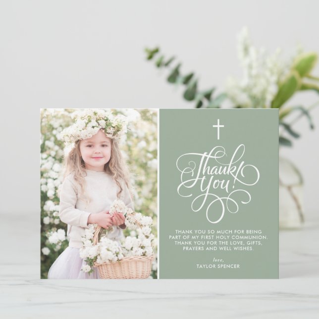 Whimsical Script Sage Green First Holy Communion Thank You Card (Standing Front)