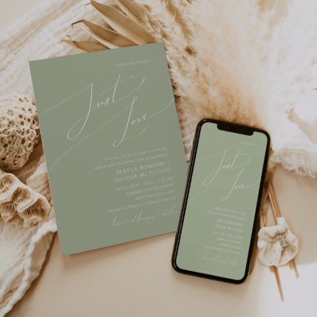 Whimsical Script | Sage Green Just Love Wedding Invitation (Creator Uploaded)