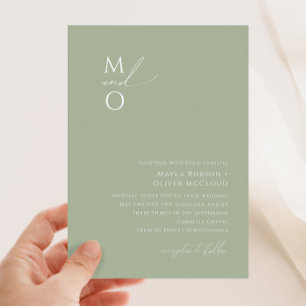 Whimsical Script Sage Green Monogram Wedding Invitation