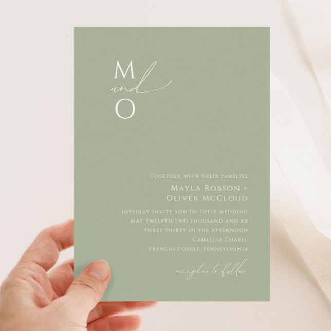 Whimsical Script | Sage Green Monogram Wedding Invitation (Creator Uploaded)