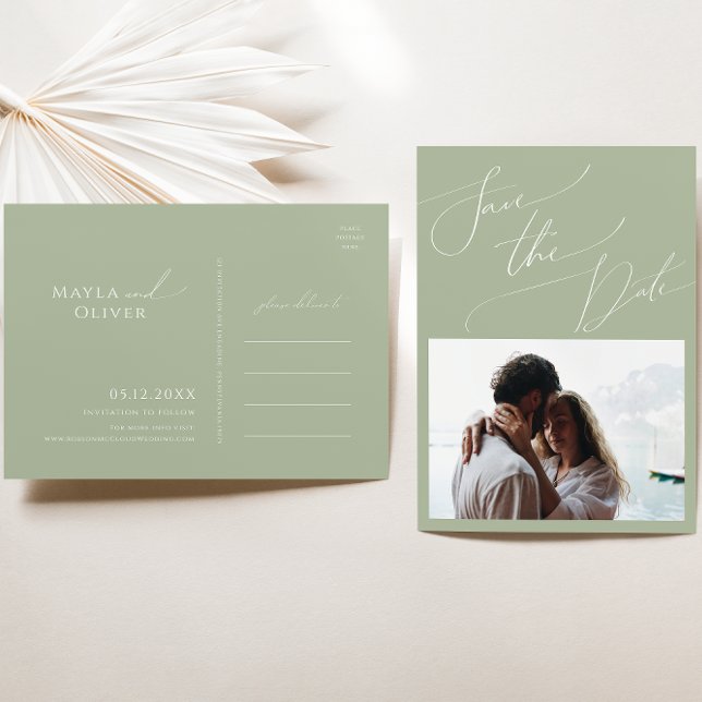 Whimsical Script | Sage Green Photo Save The Date Invitation Postcard (Creator Uploaded)