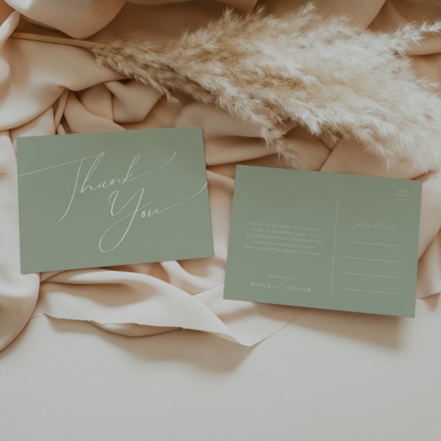 Whimsical Script | Sage Green Wedding Thank You Postcard (Creator Uploaded)