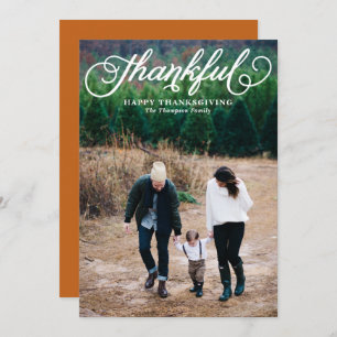 Whimsical Script Thankful Happy Thanksgiving Photo Holiday Card