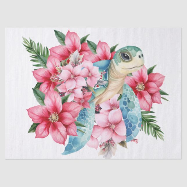 Whimsical  Sea Turtle & Pink Florals Tissue Paper (Front)