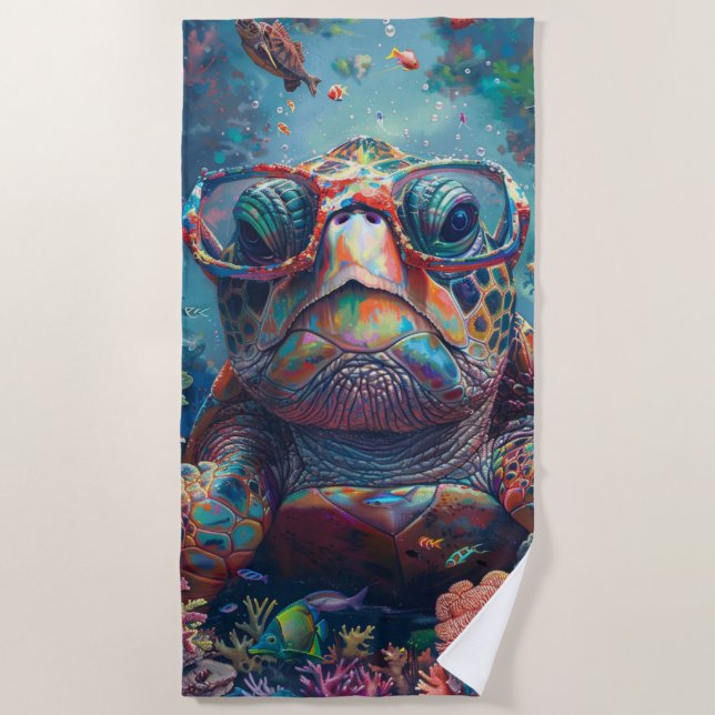Whimsical Sea Turtle Underwater Scene Bright Colou Beach Towel (Front)