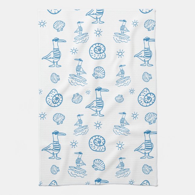 Whimsical Seagull Nautical Doodle Pattern Kitchen Towel (Vertical)