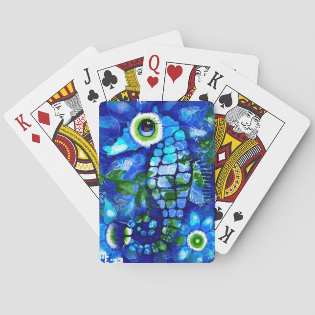 Whimsical Seahorse Coastal Nautical Seaside Blue Playing Cards (Back)