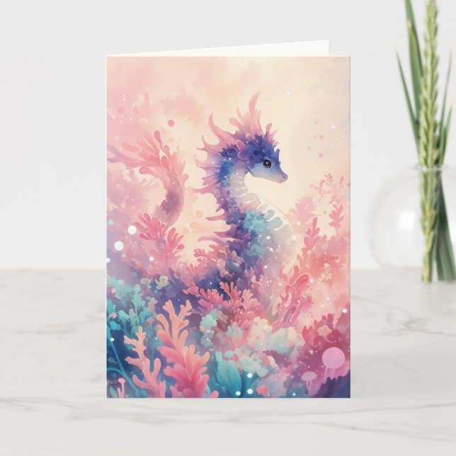 Whimsical Seahorse in Coral Dreamscape Card (Front)