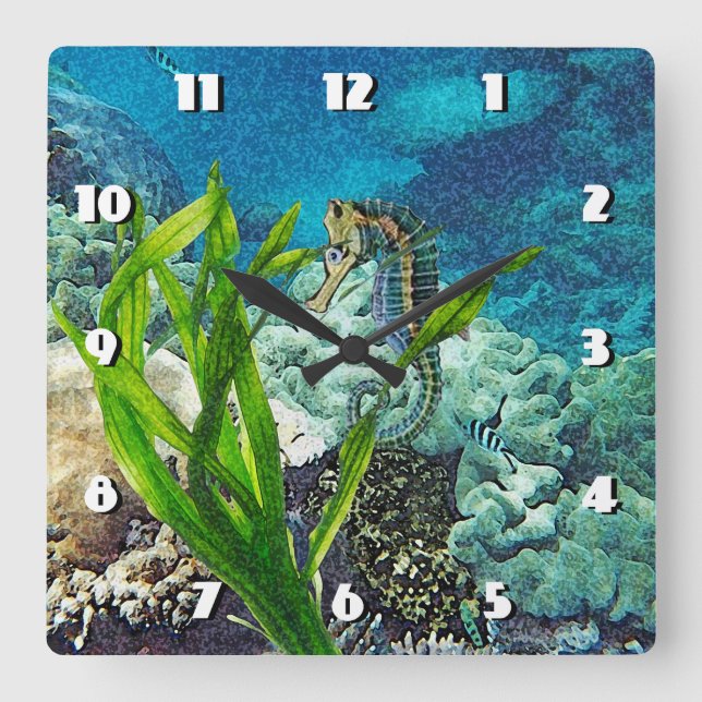 Whimsical Seahorse Square Wall Clock (Front)