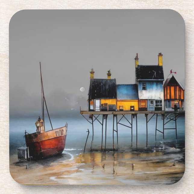 Whimsical seascapes - hard plastic coaster (Front)