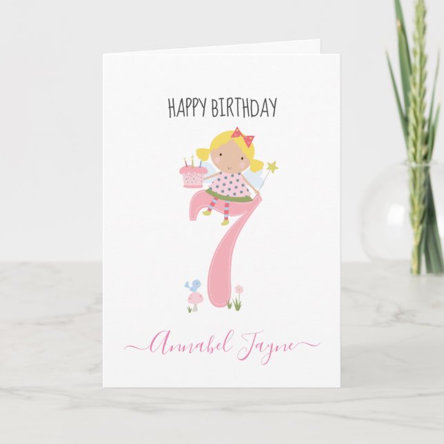 Whimsical Septième anniversaire fée carte rose mig (Devant)