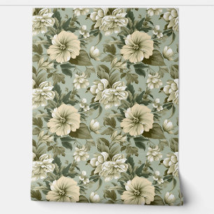 Whimsical Shabby chic sage green white flowers Wallpaper