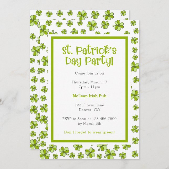 Whimsical Shamrocks St. Patrick's Day Party Invitation (Front/Back)