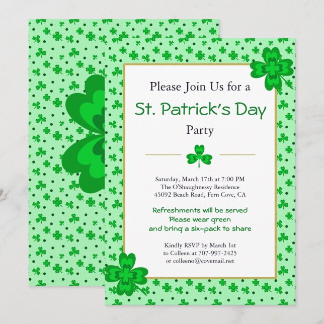 Whimsical Shamrocks St. Patrick's Day Party Invite (Front/Back)