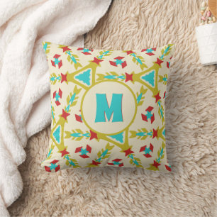 Whimsical Shapes Colourful Pattern with Monogram  Throw Pillow