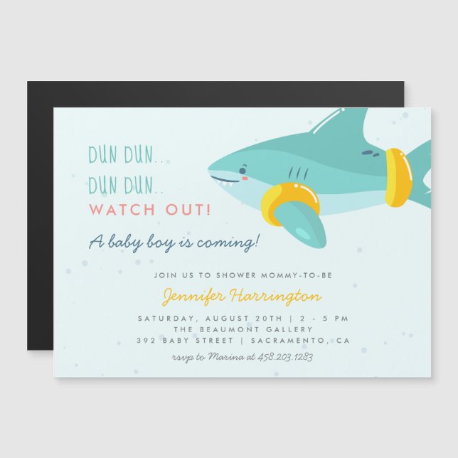 Whimsical Shark Cartoon Summer Boy Baby Shower Magnetic Invitation (Front/Back)