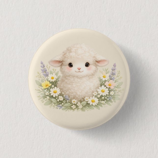 Whimsical Sheep and Wildflowers for a Charming 1 Inch Round Button (Front)
