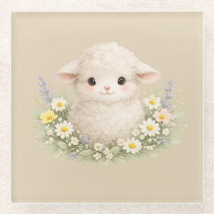 Whimsical Sheep and Wildflowers for a Charming Glass Coaster